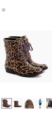 J.Crew Lace-Up Rain Boots Animal Print Leopard Brown Black Women's Size 6